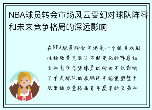 NBA球员转会市场风云变幻对球队阵容和未来竞争格局的深远影响