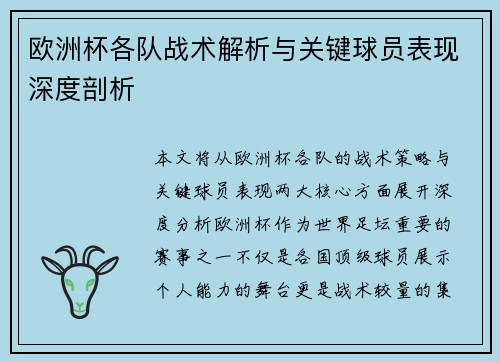 欧洲杯各队战术解析与关键球员表现深度剖析