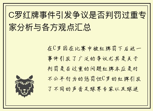 C罗红牌事件引发争议是否判罚过重专家分析与各方观点汇总