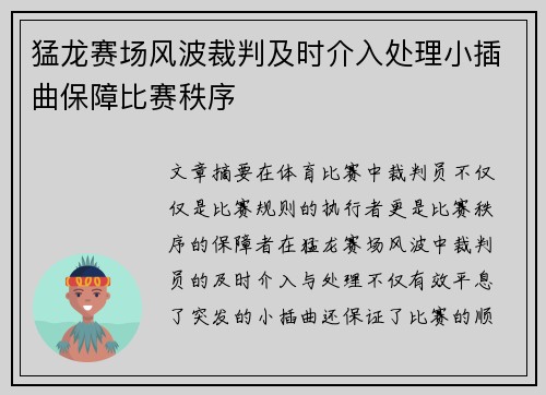 猛龙赛场风波裁判及时介入处理小插曲保障比赛秩序