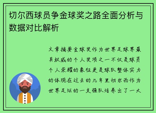 切尔西球员争金球奖之路全面分析与数据对比解析