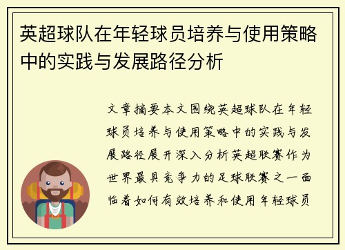 英超球队在年轻球员培养与使用策略中的实践与发展路径分析